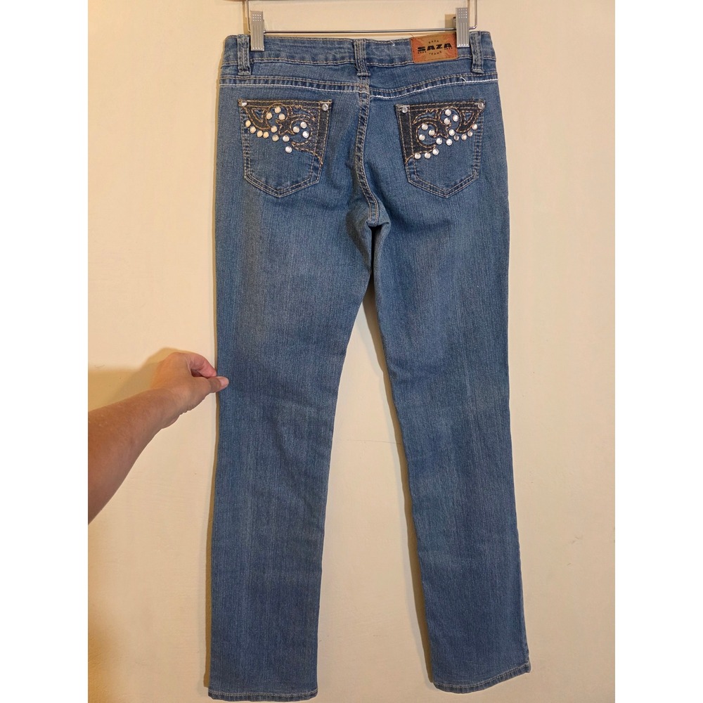 SAZA Jeans Company Medium Wash Rhinestone Pocket Straight Leg Denim Size 3 Y2K‎